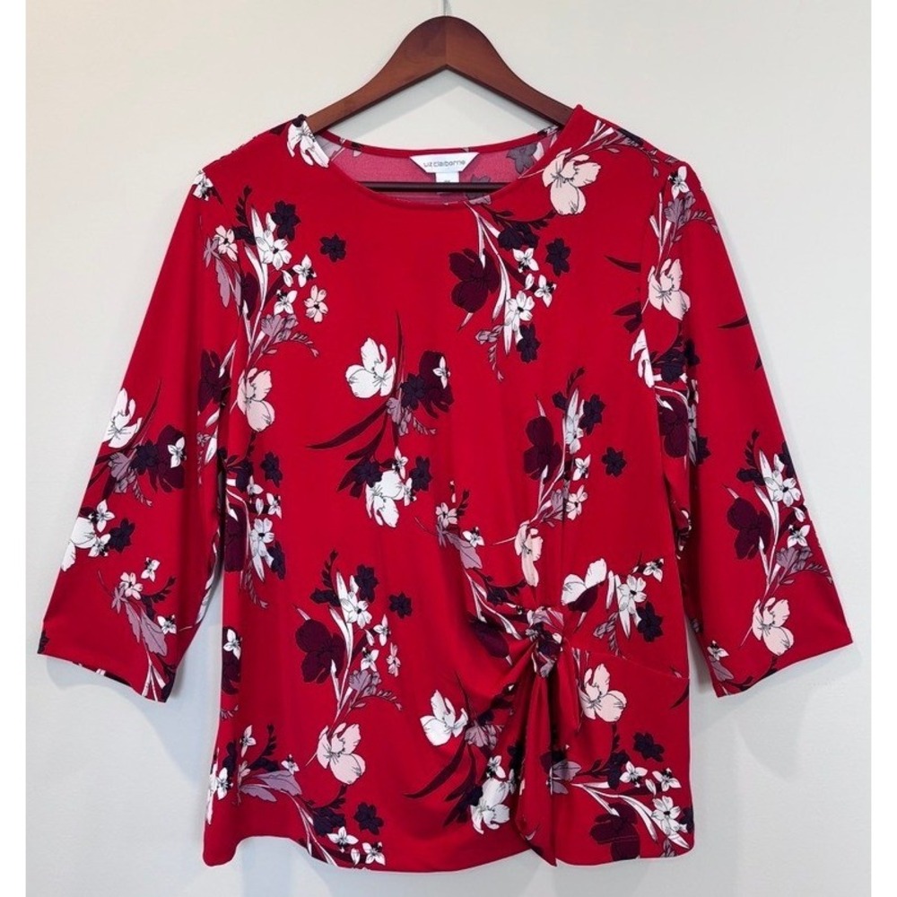 Liz Claiborne Floral Knot Front Top Sz 0X (14W) 3/4 Sleeve Stretch Top